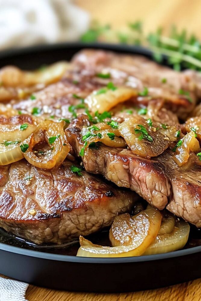 Bife acebolado dourado servido com molhinho de frigideira