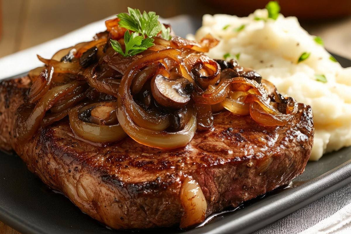 Bife acebolado dourado servido com molhinho de frigideira