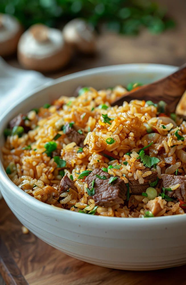 Pote com arroz de carreteiro soltinho feito com sobras de churrasco e cheiro-verde picado.