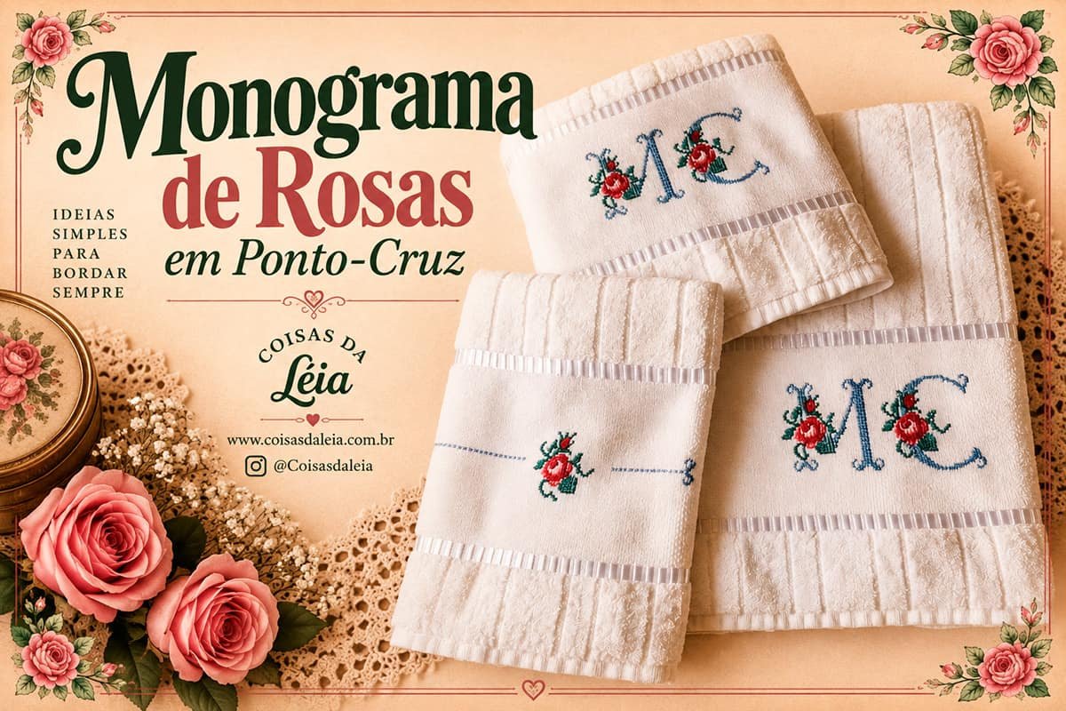 Jogo de toalhas bordadas em ponto-cruz com monogramas e rosas