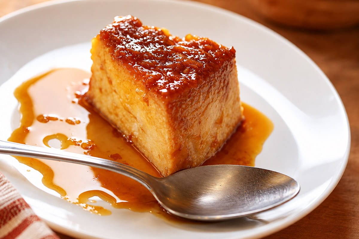 Fatia de pudim de pão cremoso com calda de caramelo